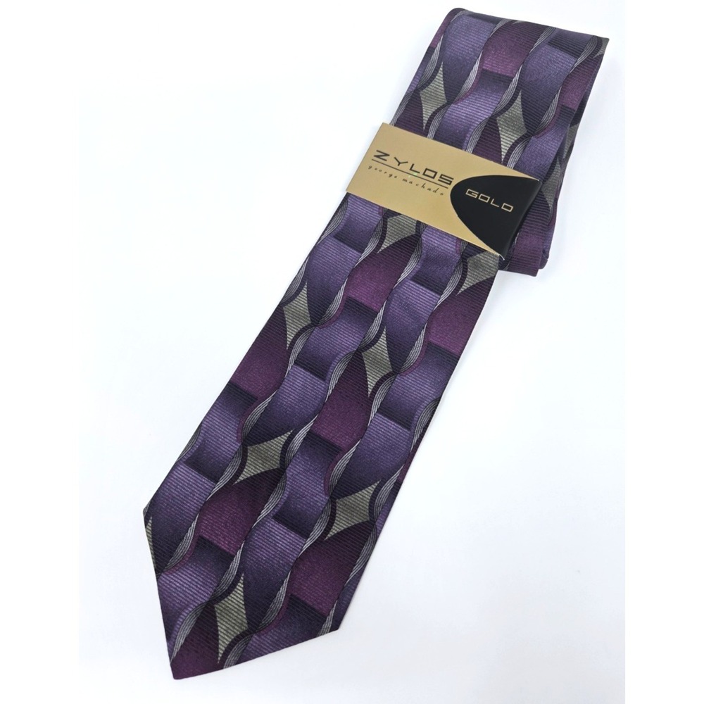 Zylos Gold Necktie Mens One Size Purple Grey Geometric Silk George Machado USA